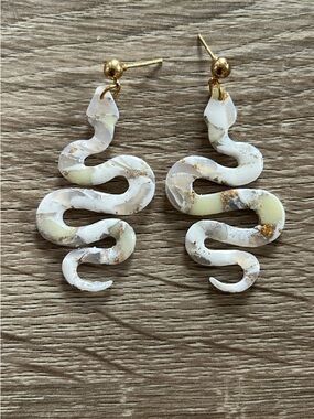 Glow In The Dark White Marbled Snake Dangle & Drop Earrings with Gold Flecks